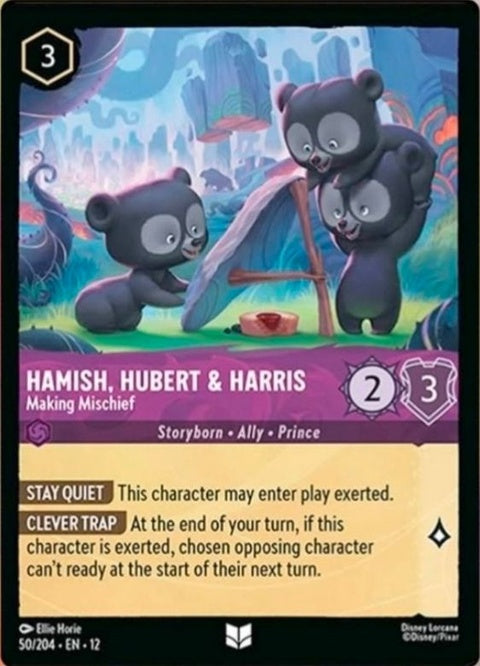 Disney Lorcana singles card featuring Hamish, Hubert & Harris making mischief, vibrant illustration, collectible fantasy trading card