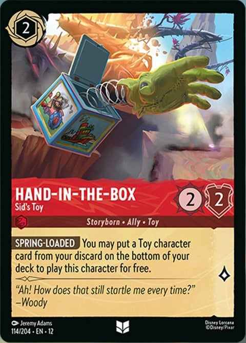 Disney Lorcana Sid's Toy Hand-In-The-Box collectible card from Singles set, featuring colorful artwork of Sid's toy in the box.