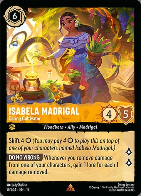 Disney Lorcana Isabela Madrigal Caring Cultivator singles card featuring vibrant artwork of Isabela with floral details.