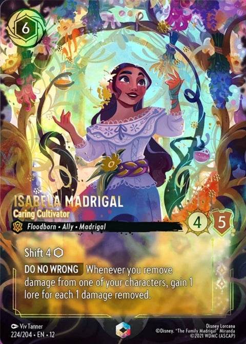 Isabela Madrigal from Disney Lorcana Caring Cultivator singles card with colorful artwork and character illustration.