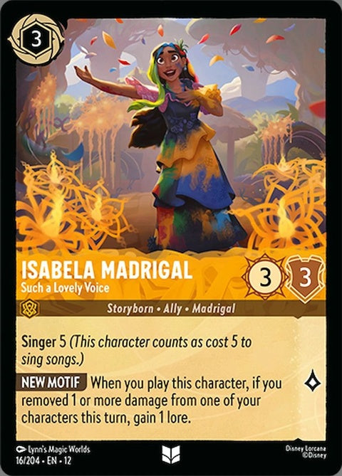 Isabela Madrigal from Disney Lorcana singles card featuring her in a vibrant design with the title "Such A Lovely Voice."