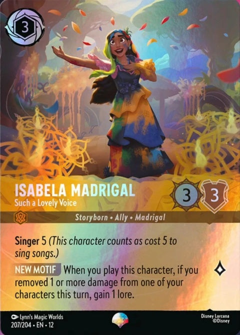 Isabela Madrigal singing with a joyful expression, from Disney Lorcana singles collection, titled "Such A Lovely Voice."