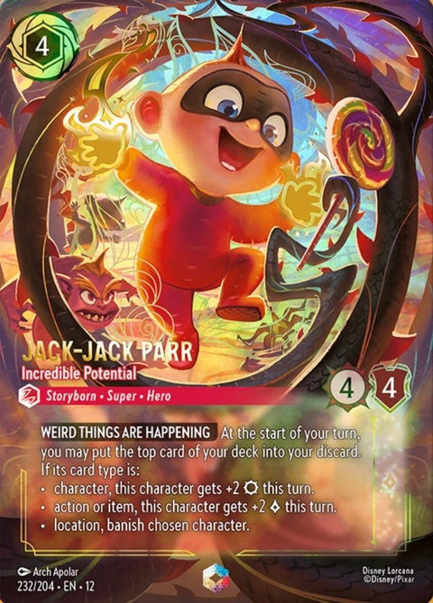 Disney Lorcana Jack-Jack Parr single card featuring him in a dynamic pose with vibrant colors and the "Incredible Potential" theme.
