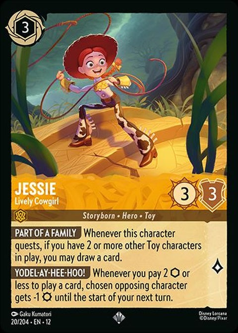 Disney Lorcana Jessie Lively Cowgirl 20 card featuring Jessie in her cowgirl outfit with vibrant colors and playful design.