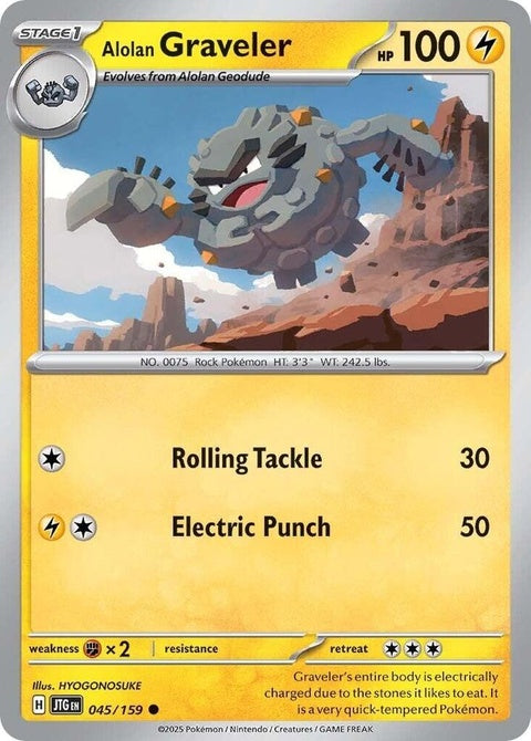 Alolan Graveler Pokémon card from Journey Together set, featuring detailed illustration of the Electric/Rock-type Pokémon.