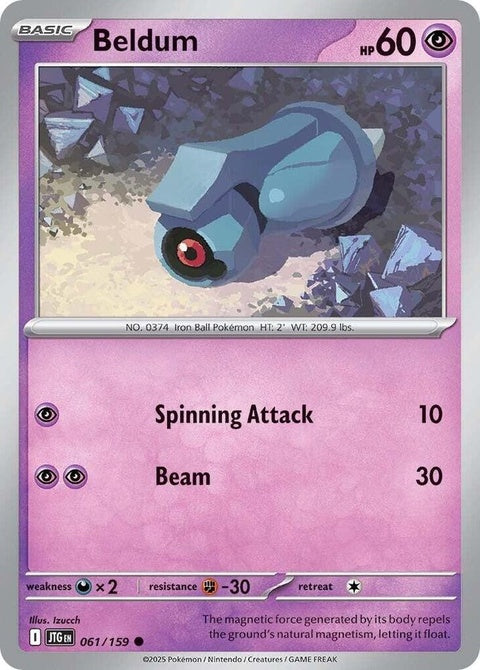 Pokémon Journey Together Beldum single card featuring a metallic Beldum Pokémon from the Pokémon trading card game.