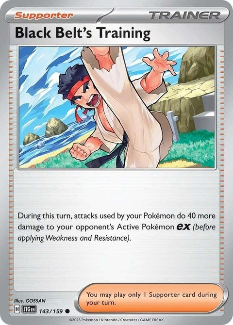 Pokémon Journey Together Black Belt's Training singles card featuring a detailed illustration of Pokémon characters and vibrant design.