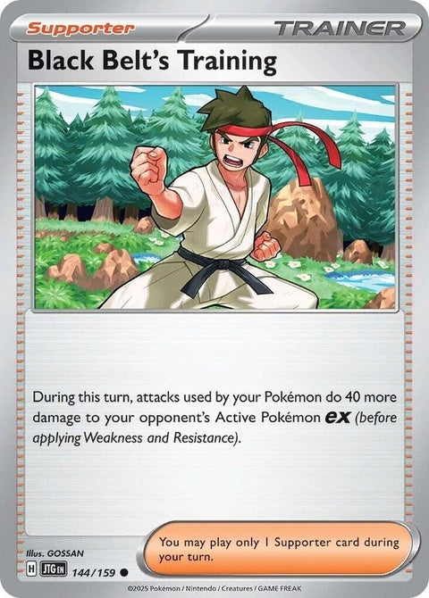 Pokémon Journey Together Black Belt's Training Singles card, featuring detailed artwork and vibrant colors on a black background.