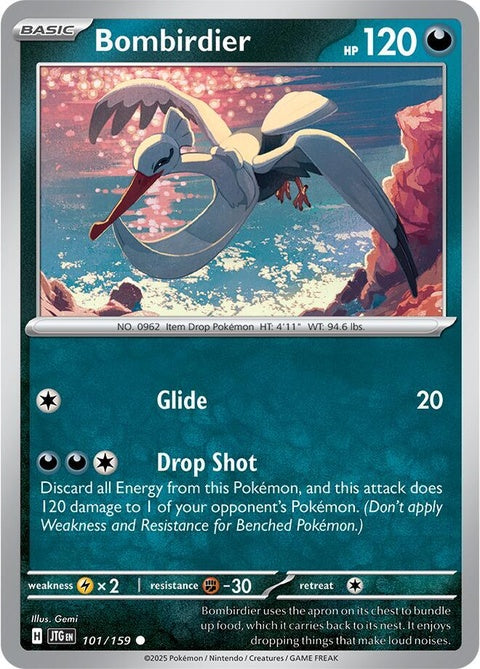 Pokemon Journey Together Bombirdier 101 single card featuring detailed artwork of the bird Pokémon.
