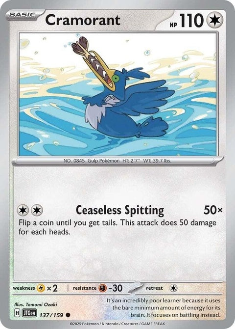 Pokémon Journey Together Cramorant 137 trading card from the Singles collection, featuring the bird Pokémon in vibrant artwork.