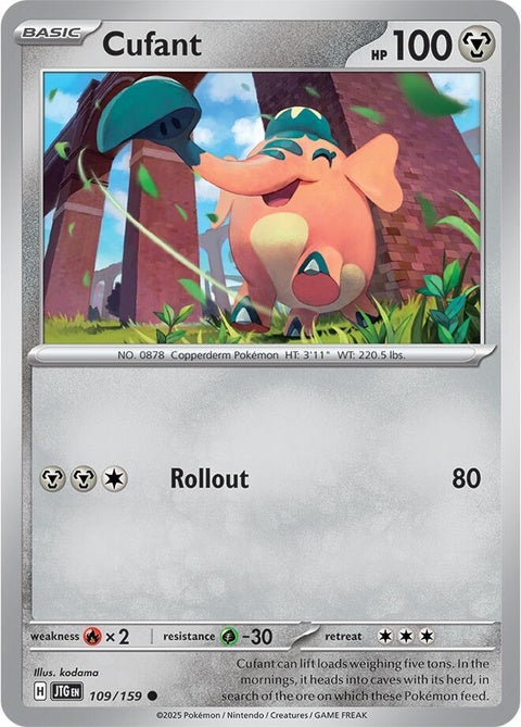 Pokémon Journey Together Cufant 109 single card featuring a detailed illustration of the steel-type Pokémon Cufant.