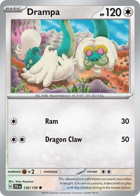 Pokémon Journey Together Drampa 130-card from singles collection, featuring a colorful illustration of the dragon Pokémon.