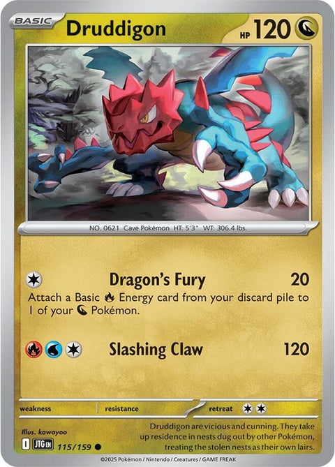 Pokémon Journey Together Druddigon 115 single card from the Pokémon trading card game, featuring a detailed illustration of the dragon.