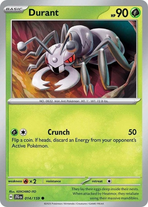 Pokémon Journey Together Durant 14 singles card featuring Durant in a dynamic pose with vibrant artwork.