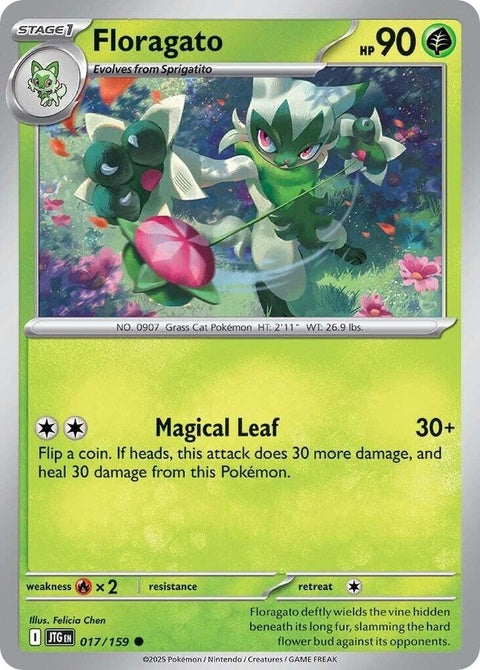 Pokémon Journey Together Floragato Singles card, detailed illustration of a feline Pokémon in vibrant colors.