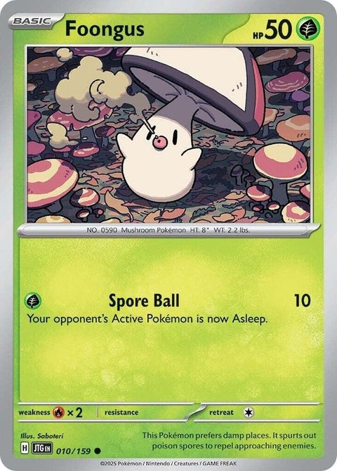 Pokémon Journey Together Foongus single card from the Pokémon TCG, featuring a green, mushroom-like Pokémon in vibrant artwork.