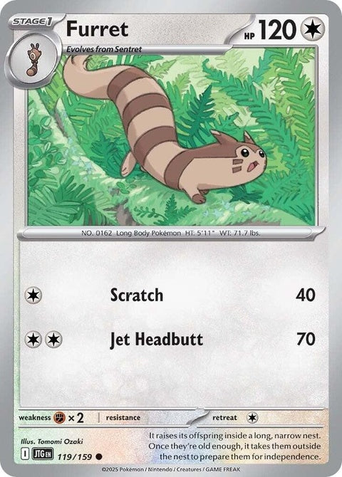 Pokémon Journey Together Furret 119 trading card, featuring the Pokémon Furret in a detailed illustration.