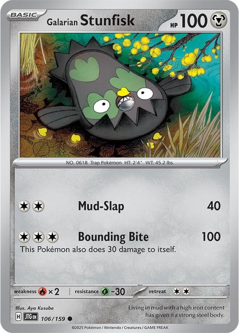 Galarian Stunfisk Pokémon card from the Journey Together set, featuring artwork of the Electric and Ground-type Pokémon.