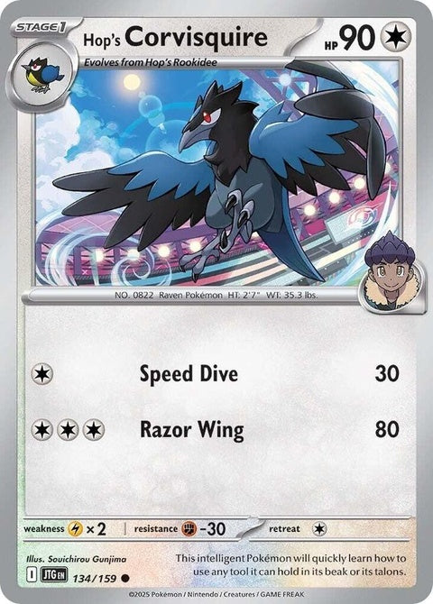 Pokémon Journey Together Hop's Corvisquire single card featuring artwork of a Corvisquire from the Pokémon Trading Card Game.