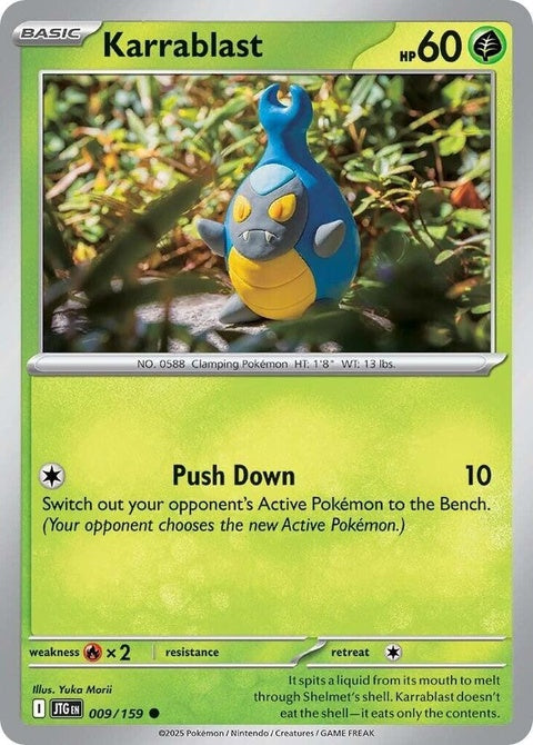 Pokémon Journey Together Karrablast single card, featuring detailed artwork of the Bug/Grass-type Pokémon.
