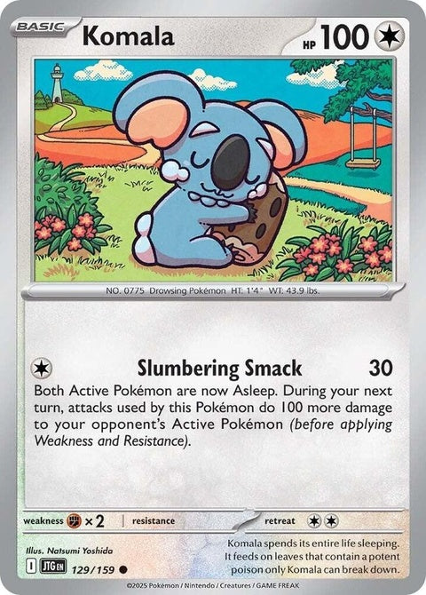 Pokémon Journey Together Komala 129 single card featuring a cute, plush-like Komala Pokémon in a colorful scene.
