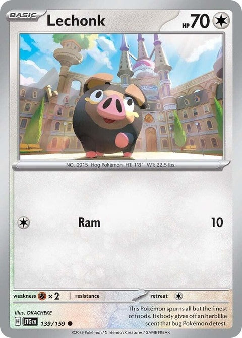 Pokémon Journey Together Lechonk singles card featuring Lechonk, a pink pig-like Pokémon from the Pokémon trading card series.