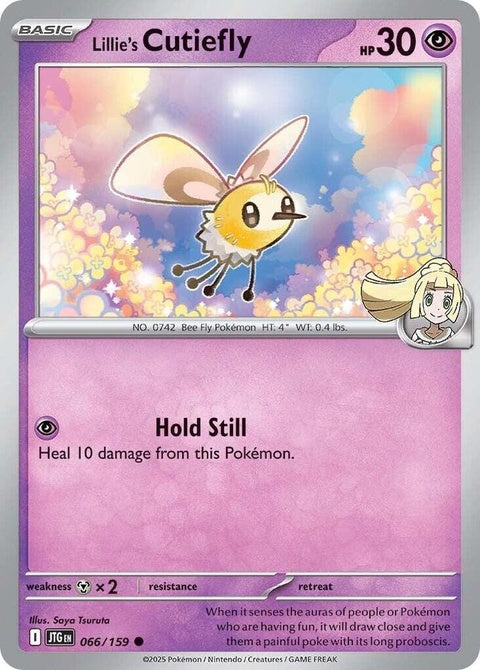 Pokémon Journey Together Lillie's Cutiefly single card featuring a detailed illustration of the Pokémon with vibrant colors.