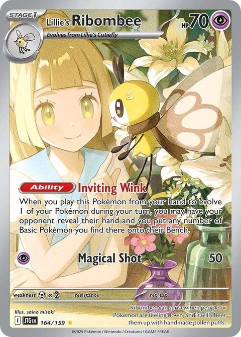 Pokémon Journey Together Lillie's Ribombee single card featuring a colorful illustration of Ribombee in a dynamic pose.