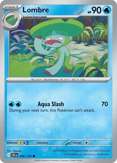 Pokémon Journey Together Lombre 36 singles card featuring Lombre in vibrant artwork and bold branding.