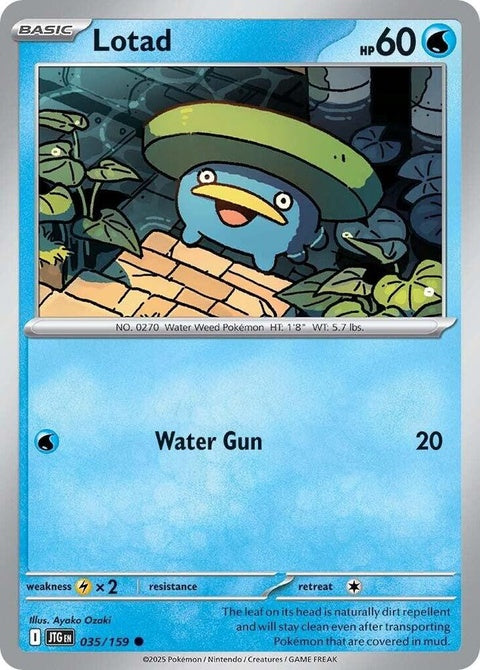 Pokémon Journey Together Lotad 35 single card featuring a green aquatic Pokémon with lily pad design on a white background.