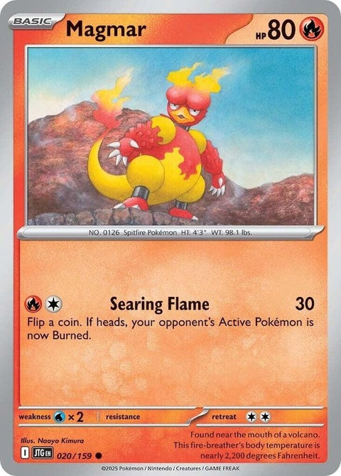 Pokémon Journey Together Magmar 20 card from the Singles collection, featuring Magmar in a dynamic pose with vibrant colors.
