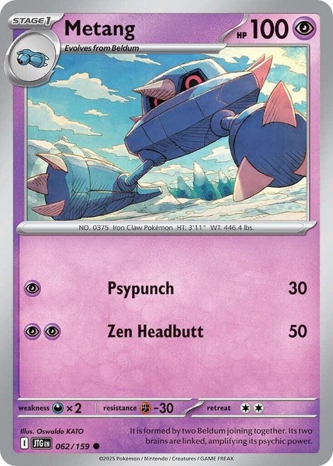 Pokémon Journey Together Metang 62 singles card featuring Metang with detailed artwork and vibrant colors.