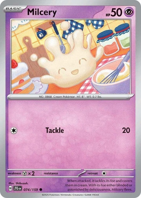 Pokémon Journey Together Milcery 74 single card featuring a cute Milcery Pokémon in a colorful background.