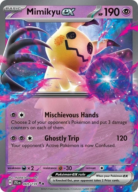 Pokémon Journey Together Mimikyu EX single card featuring Mimikyu's design with vibrant artwork and collectible details.