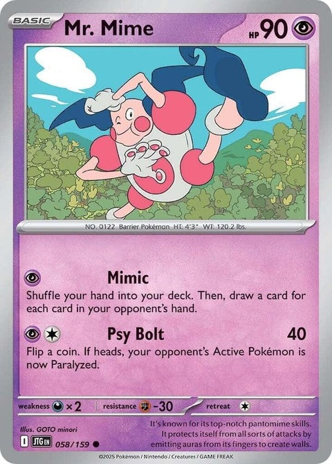 Pokémon Journey Together Mr. Mime 58 card from the Singles collection, featuring vibrant artwork of the Psychic-type Pokémon.