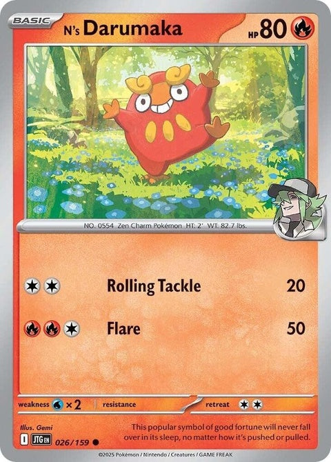 Pokémon Journey Together N's Darumaka 26 singles card featuring Darumaka with vibrant artwork and detailed design.