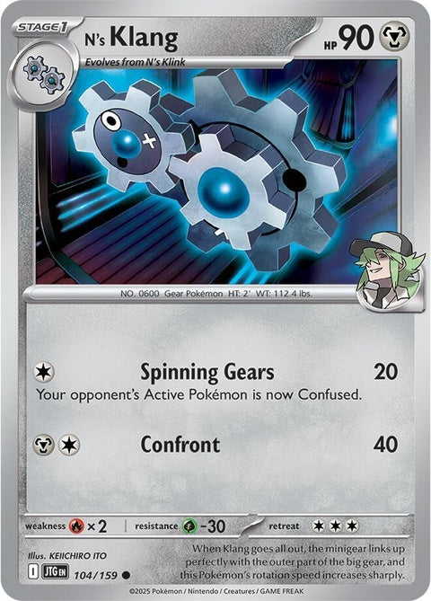 Pokémon Journey Together N's Klang 104 singles card featuring N and Klang in vibrant artwork.