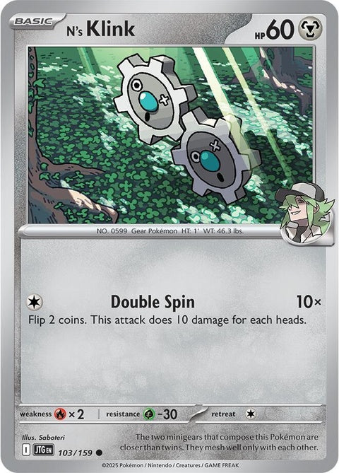 Pokémon Journey Together N's Klink 103 singles card featuring a metallic gray Steel Pokémon with a gear motif.