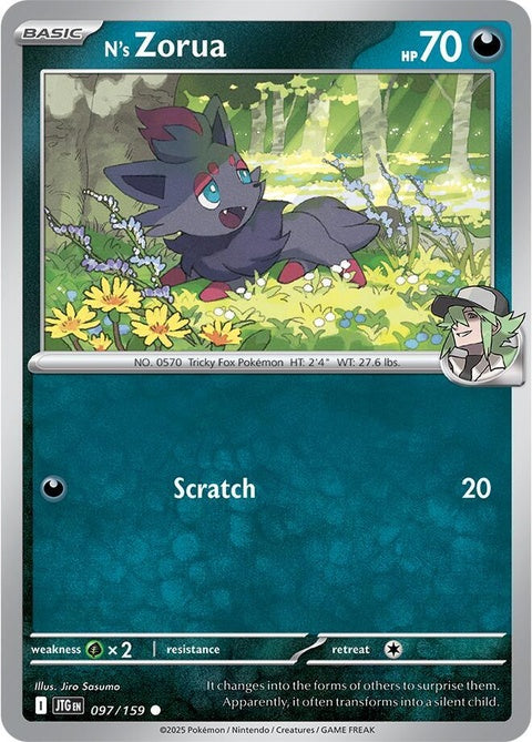 Pokémon Journey Together N's Zorua 97 card from the Singles collection, featuring detailed artwork of Zorua in a dynamic pose.