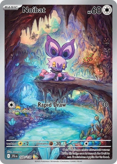 Pokémon Journey Together Noibat 169 single card featuring Noibat flying with vibrant artwork and branding.