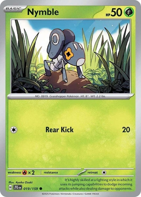 Pokémon Journey Together Nymble Singles trading card featuring Nymble in a dynamic pose on a colorful background.