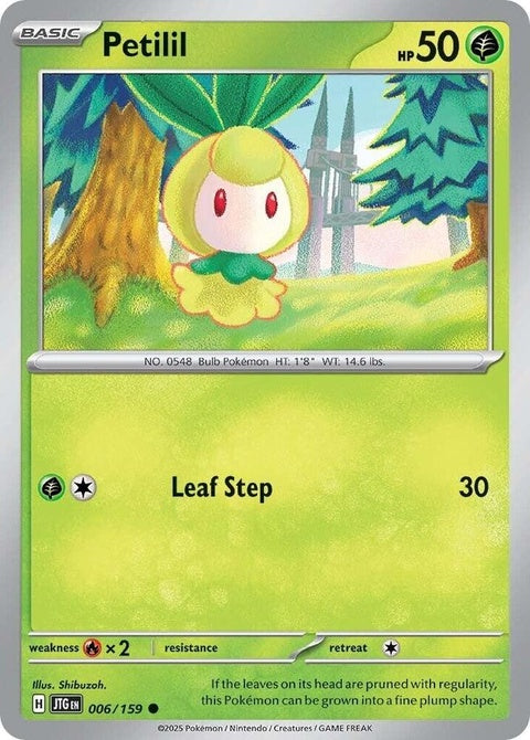 Pokémon Journey Together Petilil 6 singles card featuring a green plant Pokémon with floral details on a colorful background