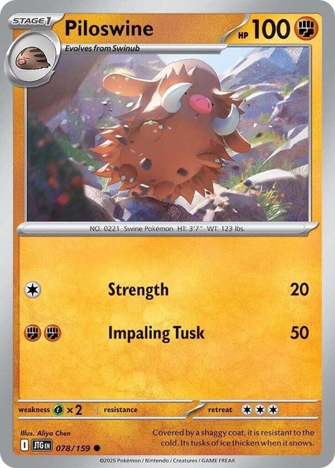 Pokémon Journey Together Piloswine single card featuring Piloswine, a Pokémon with distinctive tusks and brown fur.