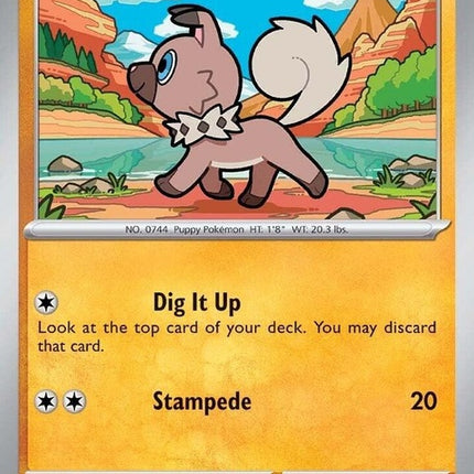 Pokémon Journey Together Rockruff card from the Singles series, featuring a playful Rockruff with a vibrant background.