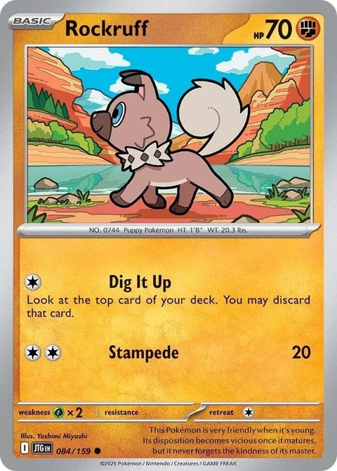 Pokémon Journey Together Rockruff card from the Singles series, featuring a playful Rockruff with a vibrant background.
