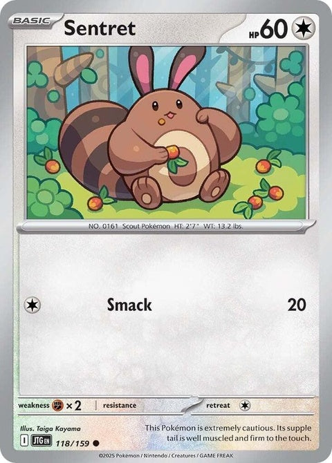 Pokémon Journey Together Sentret 118 single card with vibrant artwork featuring Sentret from the Pokémon series.