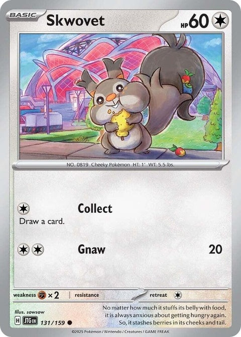 Pokémon Journey Together Skwovet 131 singles card featuring a cute, round squirrel Pokémon with detailed artwork.
