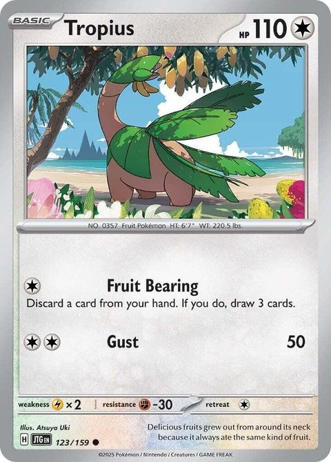 Pokémon Journey Together Tropius 123 card from the Singles collection, featuring a detailed illustration of the Grass and Flying-type Pokémon.
