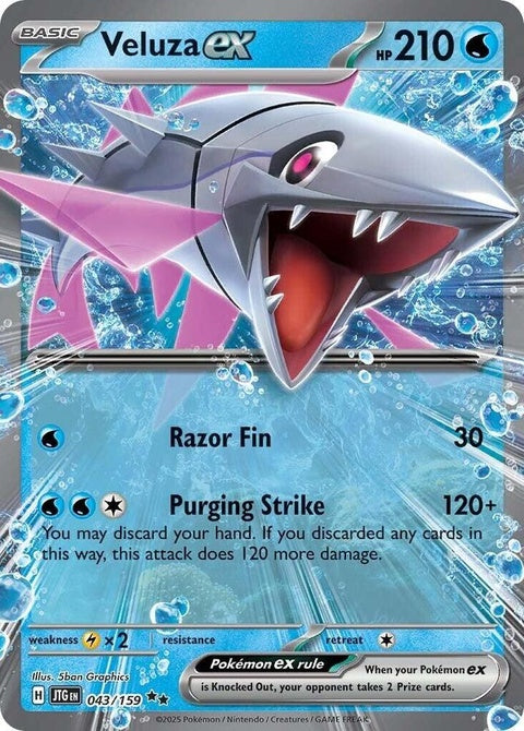 Pokémon Journey Together Veluza Ex 43 single card featuring colorful artwork of the aquatic Pokémon Veluza Ex.