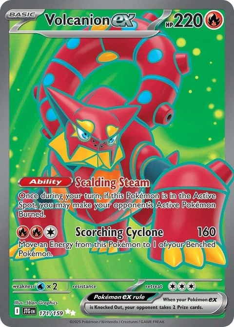 Pokémon Journey Together Volcanion EX single card featuring vibrant artwork of the fire and water-type Pokémon.